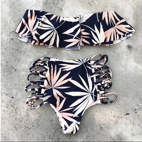 Strapless High Waist Palm Tropical Bikini Swimsuit - Picture 3 of 3